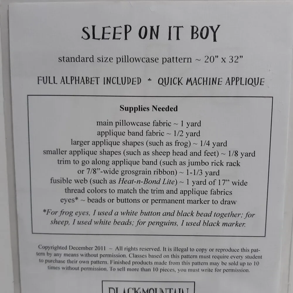 New Penguin Sheep Frog Pillowcase Applique Pattern Black Mountain Quilts #833